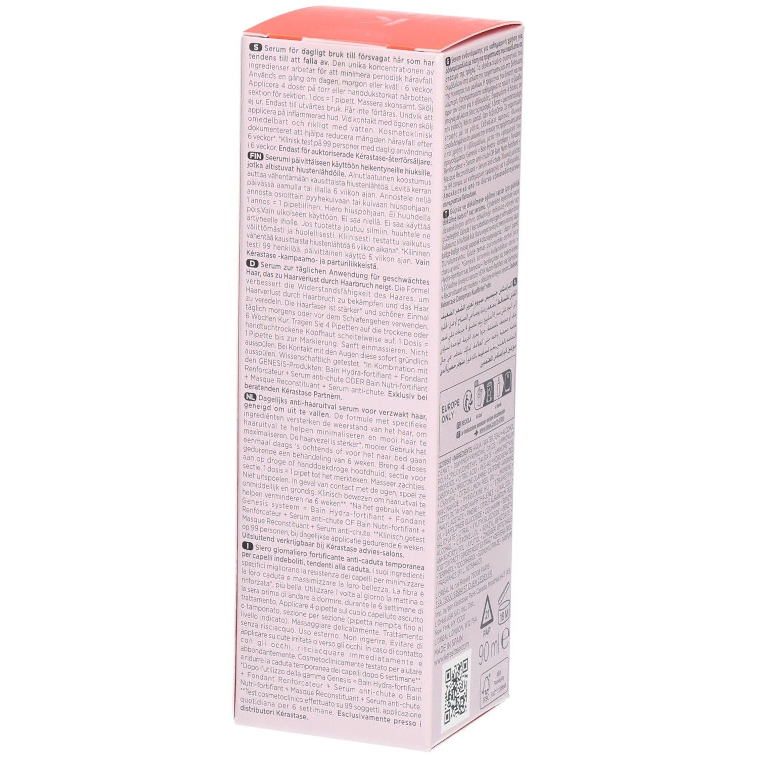 Kérastase Genesis Serum: Seitenansicht mit Anwendungshinweisen. 90 ml.
