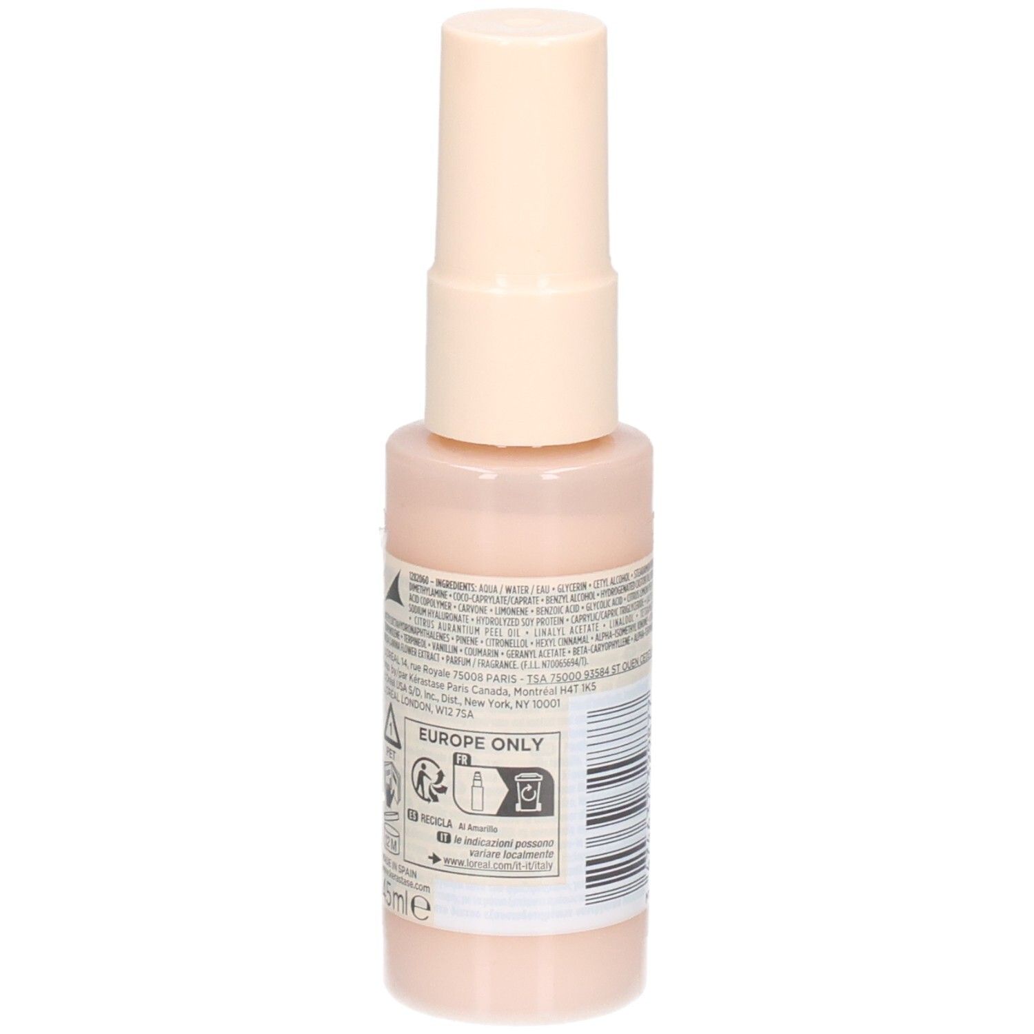 Seite der Kérastase Gloss Absolu Frizz-Glaze Cream Mini mit Anwendungshinweisen und "Europe Only".