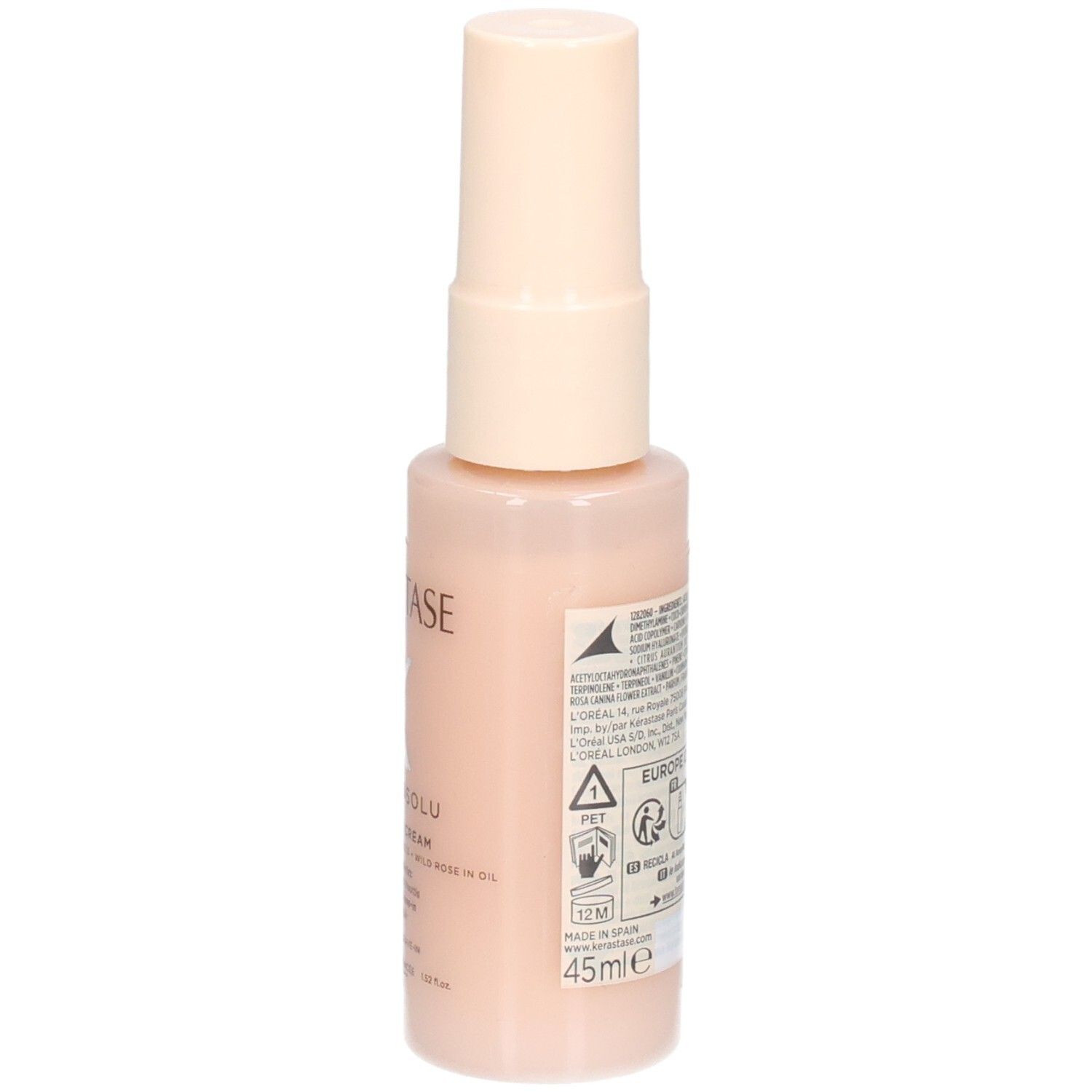 Seite der Kérastase Gloss Absolu Frizz-Glaze Cream Mini mit 45ml Angabe und Symbolen.