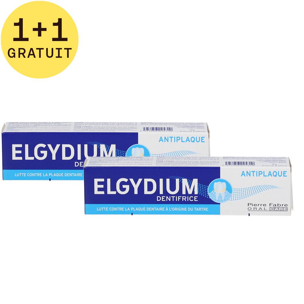 Deux tubes de dentifrice ELGYDIUM Antiplaque. Emballage bleu et blanc. Inscription : Antiplaque, Pierre Fabre Oral Care. Offre 1+1 gratuit.
