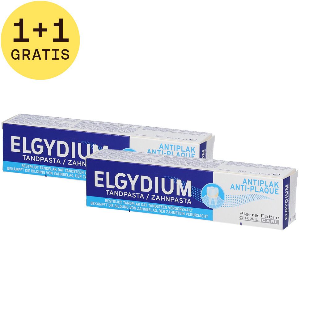 Twee tubes ELGYDIUM Anti-Plaque tandpasta. Blauw en witte verpakking. Opschrift: Antiplaque, Pierre Fabre Oral Care. 1+1 gratis.
