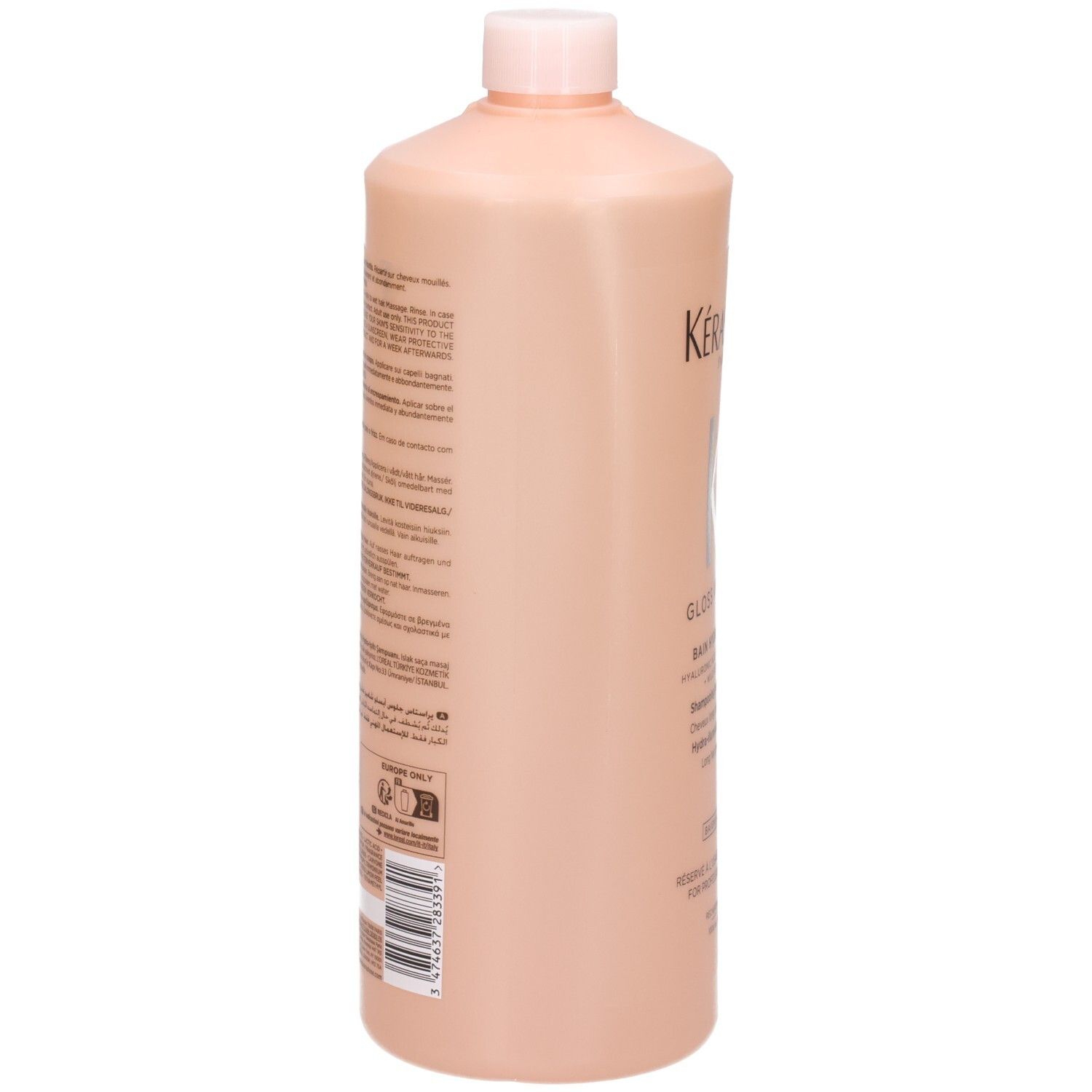 Rückseite der Kérastase Gloss Absolu Bain Hydra-Glaze Shampoo 1000ml Flasche mit Produktinformationen.
