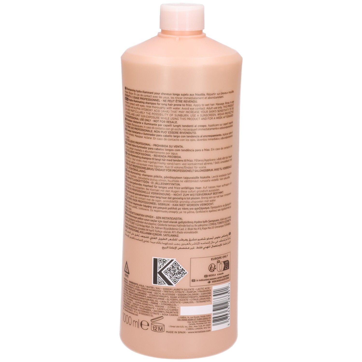 Rückseite der Kérastase Gloss Absolu Bain Hydra-Glaze Shampoo 1000ml Flasche mit Produktinformationen und Barcode.