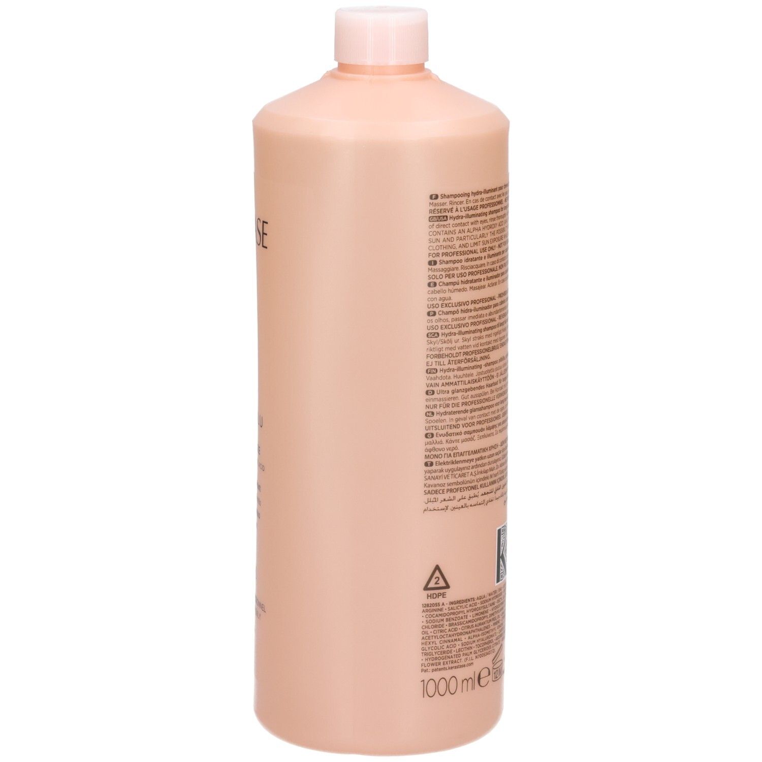 Rückseite der Kérastase Gloss Absolu Bain Hydra-Glaze Shampoo 1000ml Flasche mit Produktinformationen.