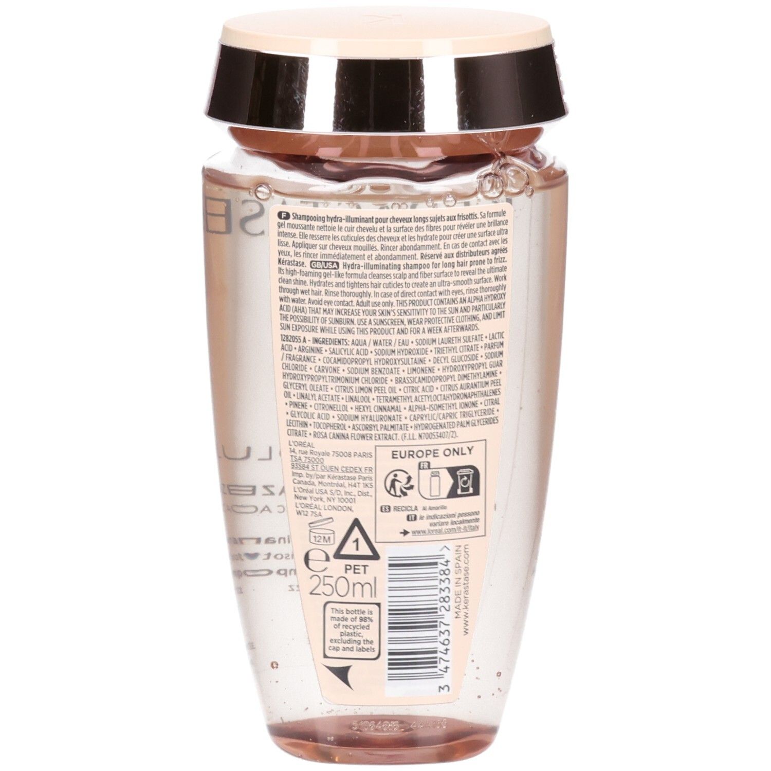 Kérastase Gloss Absolu Hydra-Glaze Shampoo. Rückseite der Flasche mit Inhaltsstoffen und Volumenangabe.