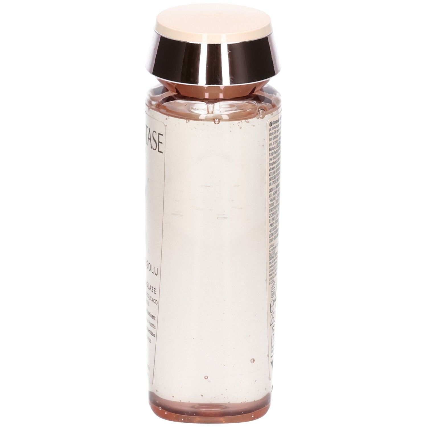 Kérastase Gloss Absolu Hydra-Glaze Shampoo. Seitenansicht der transparenten Flasche mit rosa Inhalt.