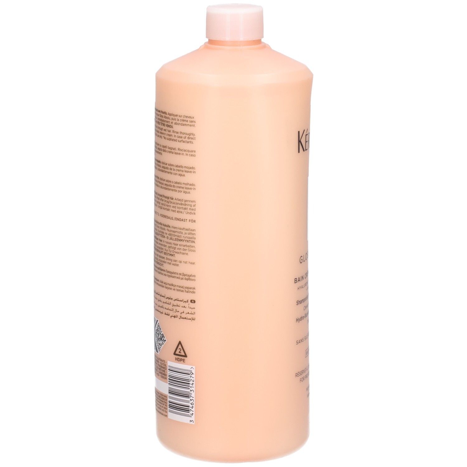 Rückseite der Kérastase Gloss Absolu Bain Crème Hydra-Glaze Shampoo Flasche mit Inhaltsstoffen und Anwendungshinweisen.