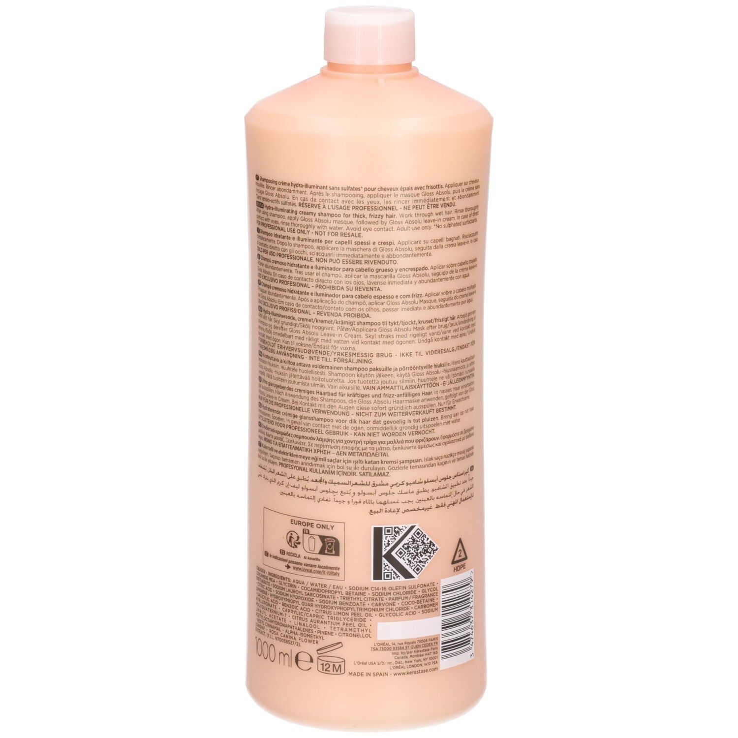 Rückseite der Kérastase Gloss Absolu Bain Crème Hydra-Glaze Shampoo Flasche mit Barcode und Zertifizierungen.