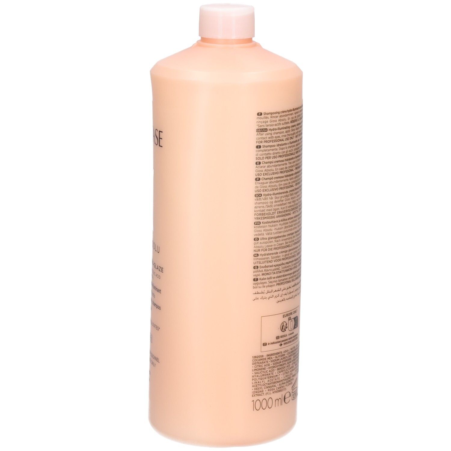 Seitenansicht der Kérastase Gloss Absolu Bain Crème Hydra-Glaze Shampoo Flasche mit 1000ml Angabe.