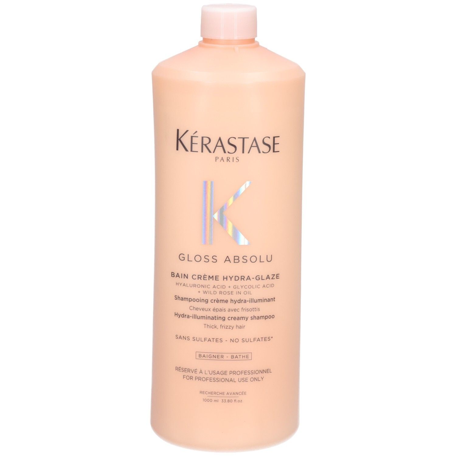 Kérastase Gloss Absolu Bain Crème Hydra-Glaze Shampoo, 1000ml Flasche, mit Logo und Produktbezeichnung.