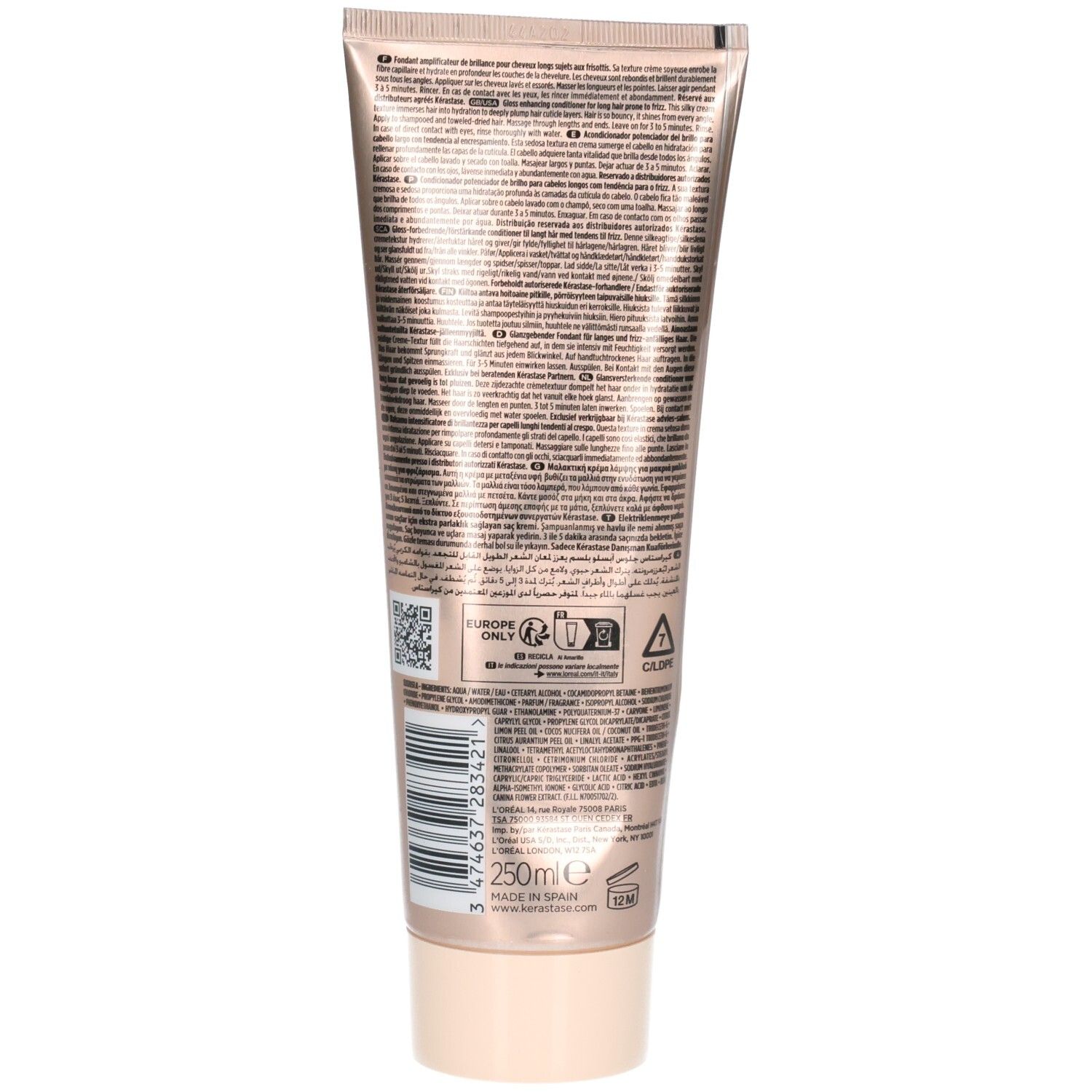 Rückseite der Kérastase Gloss Absolu Tube mit Produktinformationen und Barcode.