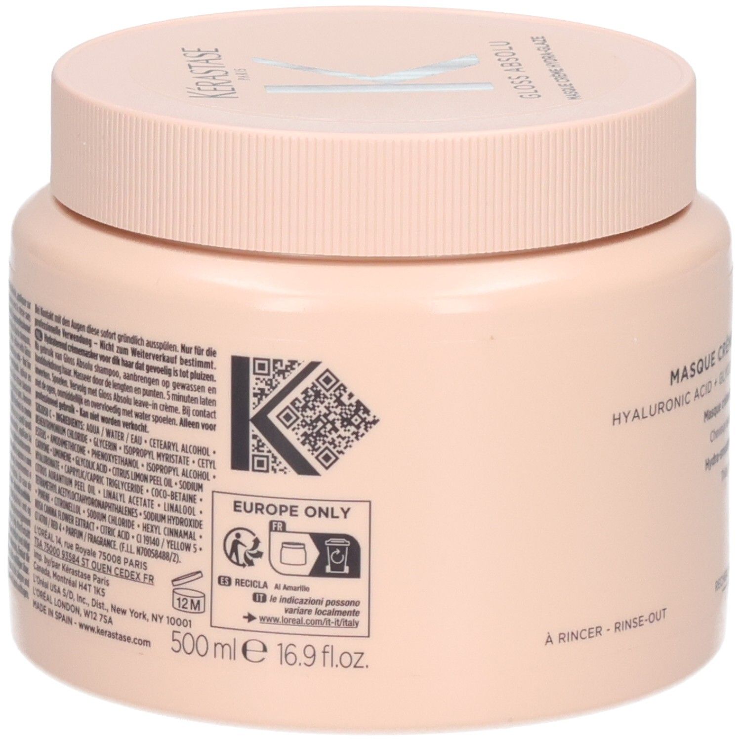 Rückseite des Kerastase Gloss Absolu Masque Crème Hydra Glaze Tiegels mit QR-Code und Recycling-Symbolen.