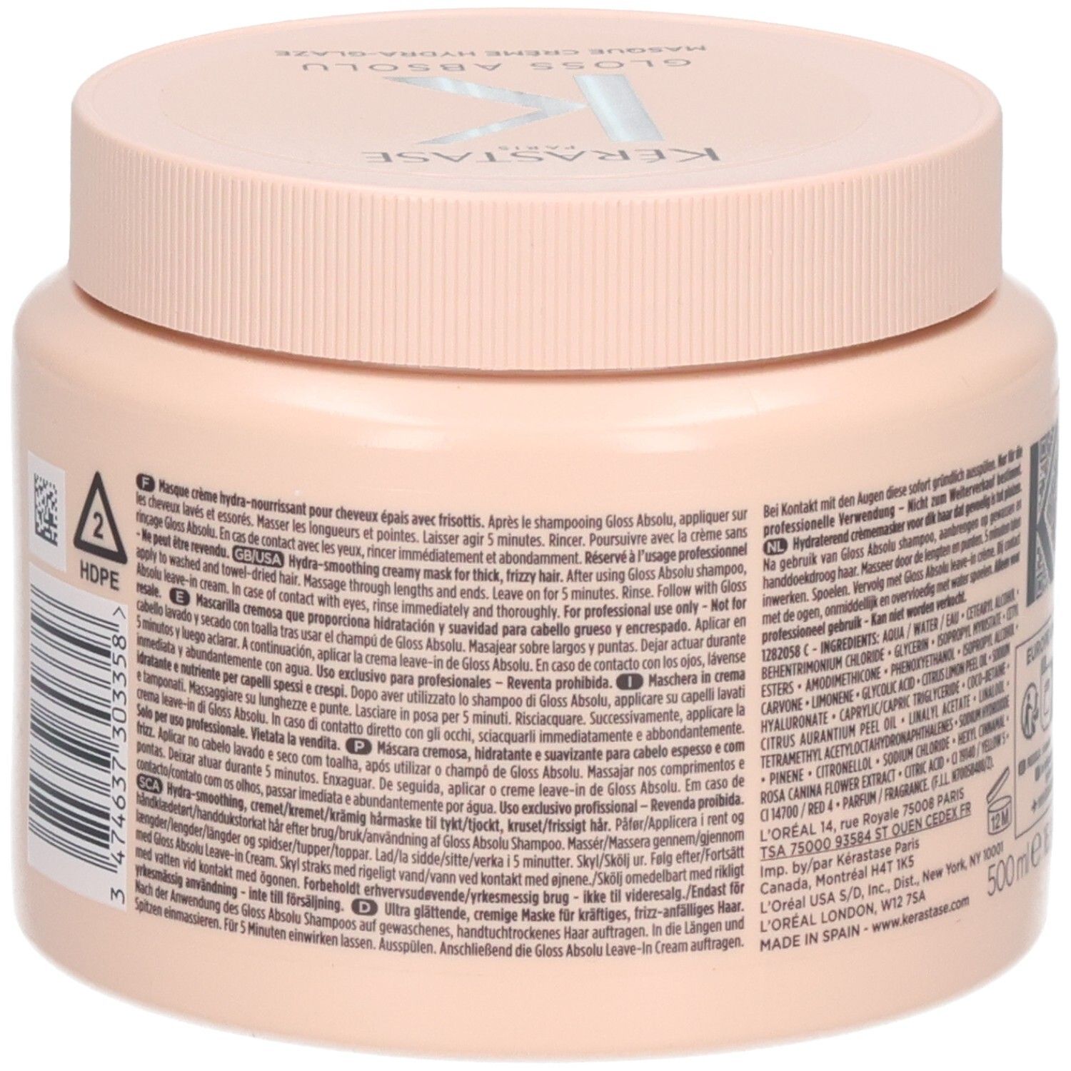 Seitenansicht des Kerastase Gloss Absolu Masque Crème Hydra Glaze Tiegels mit detaillierten Anwendungshinweisen.