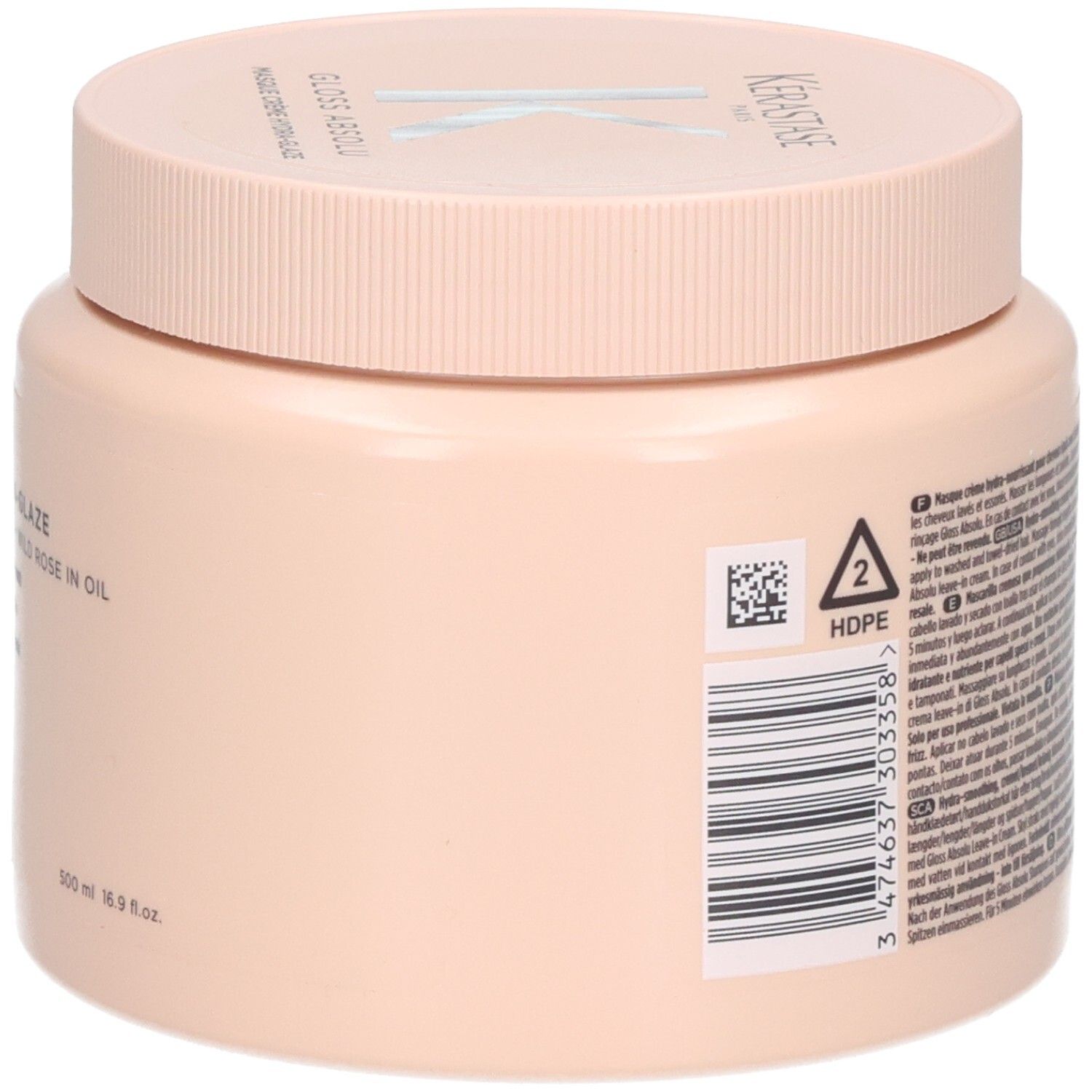 Seitenansicht des Kerastase Gloss Absolu Masque Crème Hydra Glaze Tiegels mit Barcode und HDPE-Symbol.