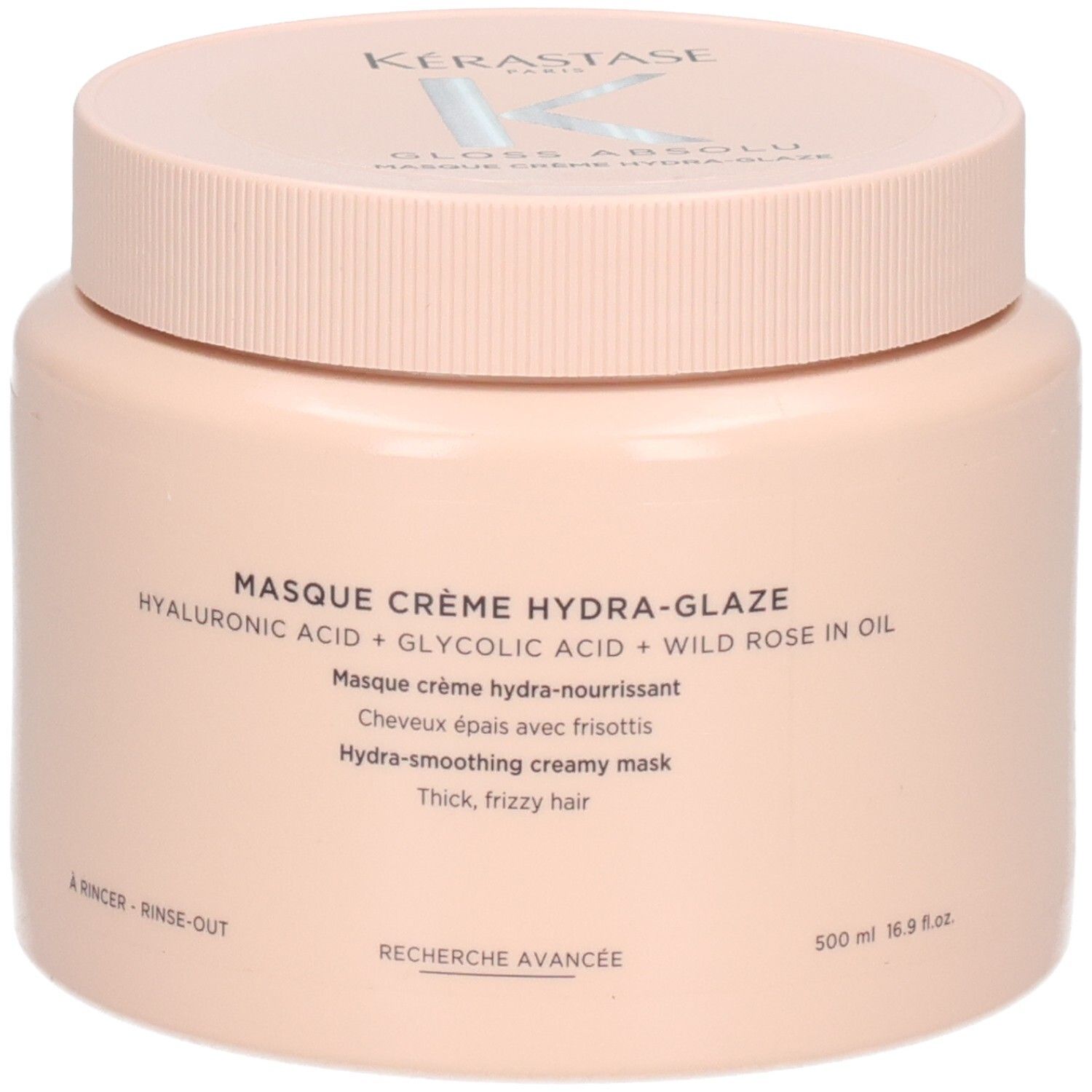 Kerastase Gloss Absolu Masque Crème Hydra Glaze Haarkur in einem hellrosa Tiegel, Vorderansicht.