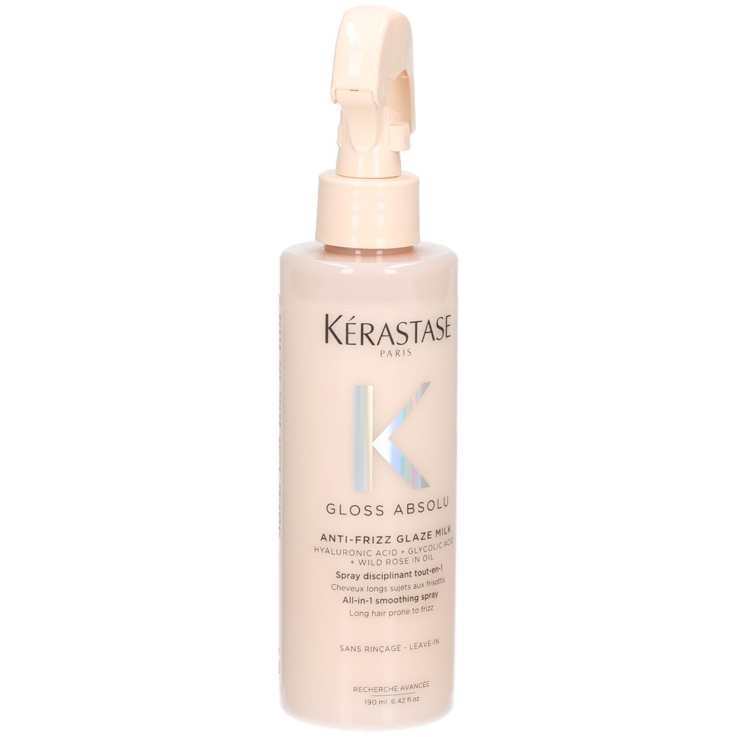 Kérastase Gloss Absolu Anti-Frizz Glaze Milk in einer hellrosa Sprühflasche mit silbernem K-Logo.