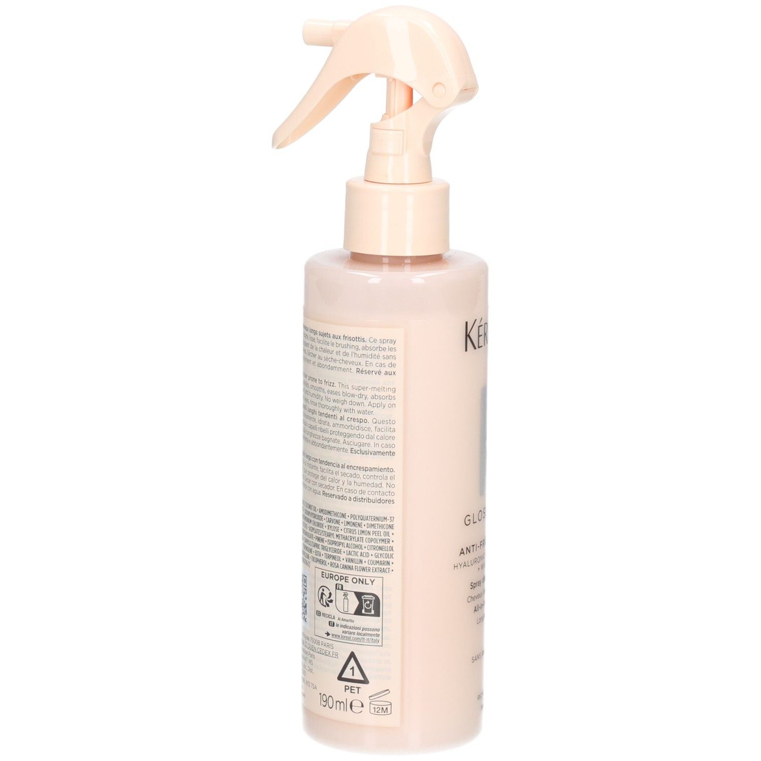 Rückseite der Kérastase Gloss Absolu Flasche mit Inhaltsstoffen und Anwendungshinweisen.