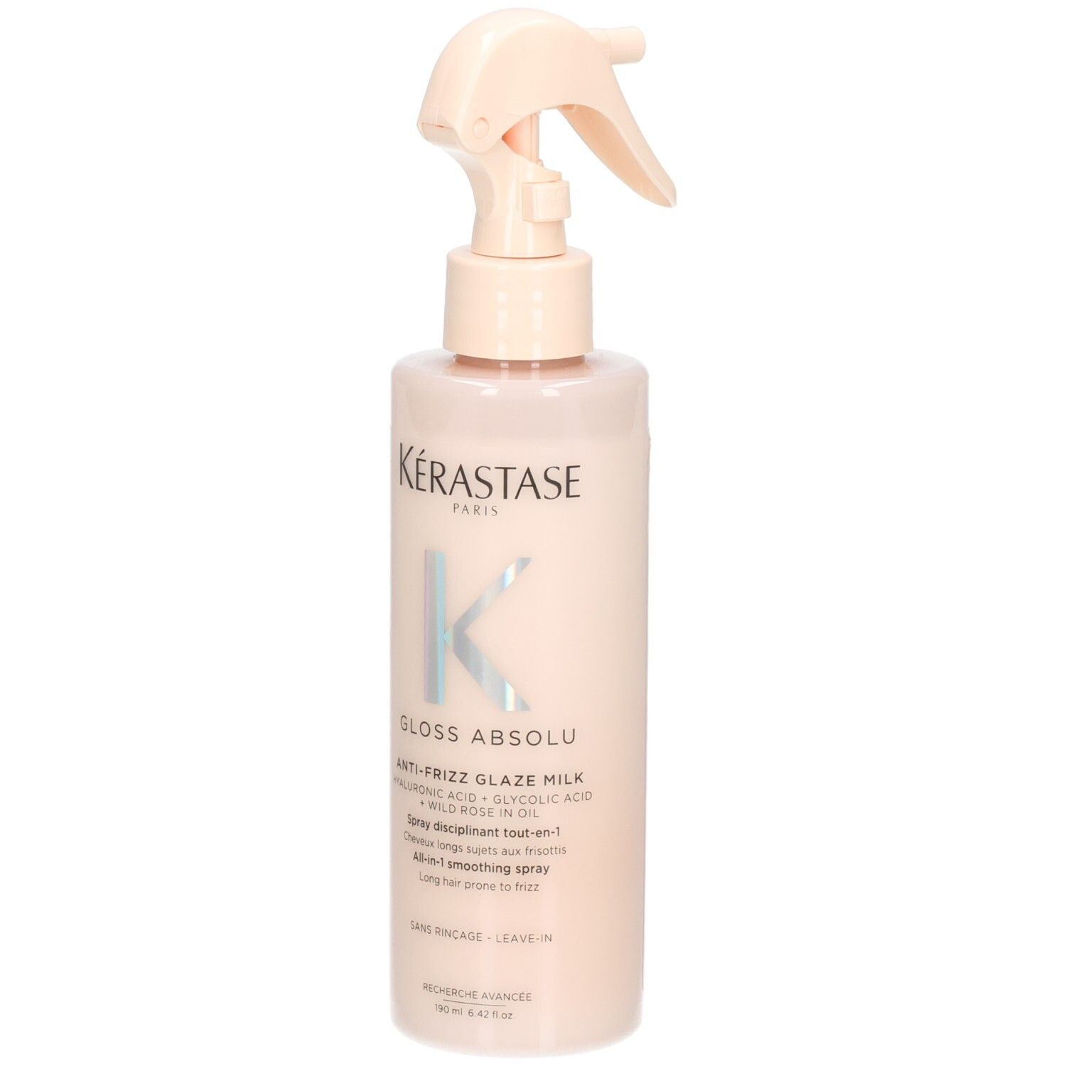 Kérastase Gloss Absolu Anti-Frizz Glaze Milk in einer hellrosa Sprühflasche, Vorderansicht.