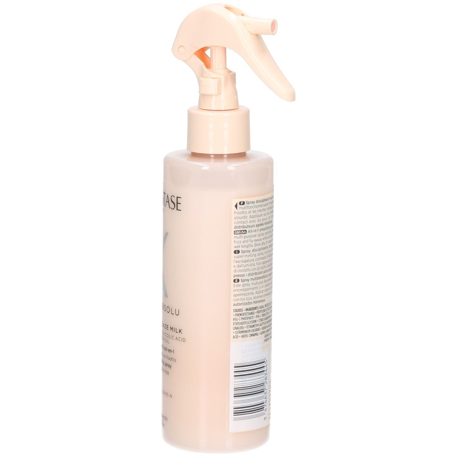 Seitenansicht der Kérastase Gloss Absolu Sprühflasche mit detaillierten Produktinformationen.