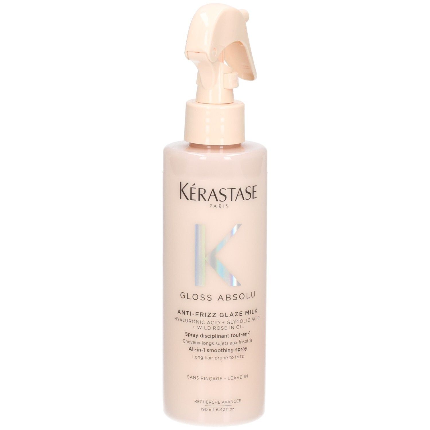 Kérastase Gloss Absolu Anti-Frizz Glaze Milk, hellrosa Sprühflasche mit silbernem K-Logo.
