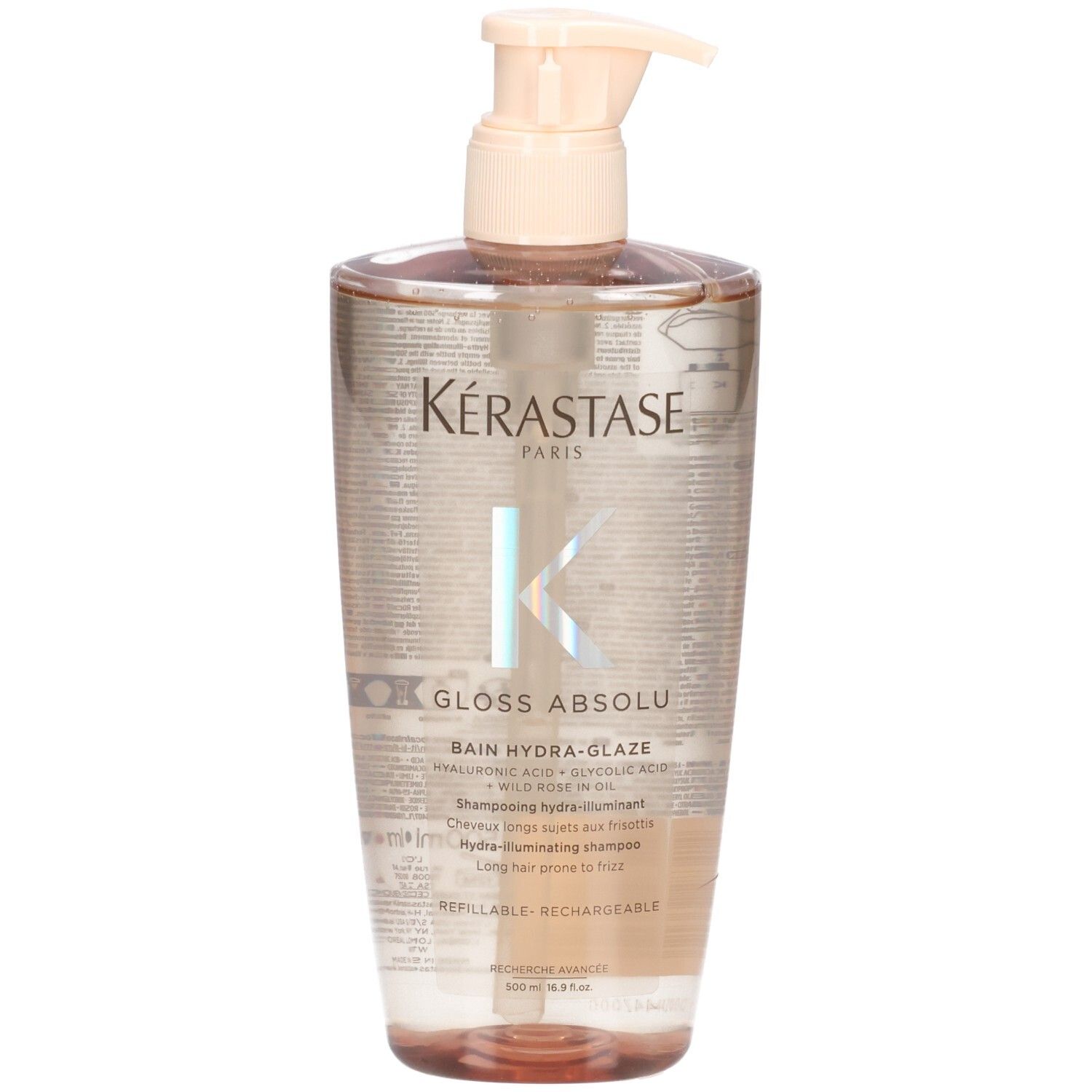 Kérastase Gloss Absolu Bain Hydra-Glaze Shampoo in transparenter Flasche mit Pumpspender.