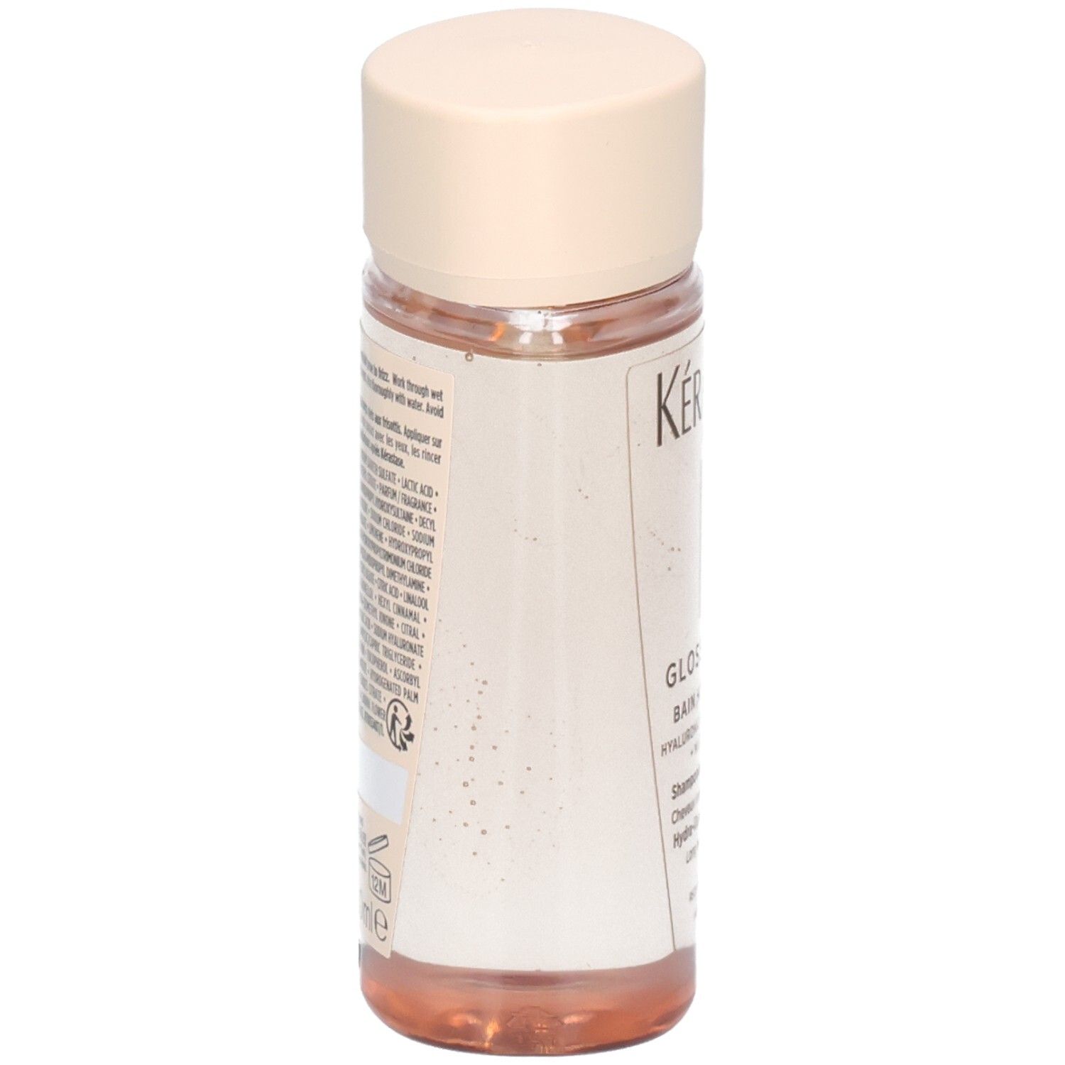 Rückseite der Kérastase Gloss Absolu Bain Hydra-Glaze Flasche mit Inhaltsstoffen.