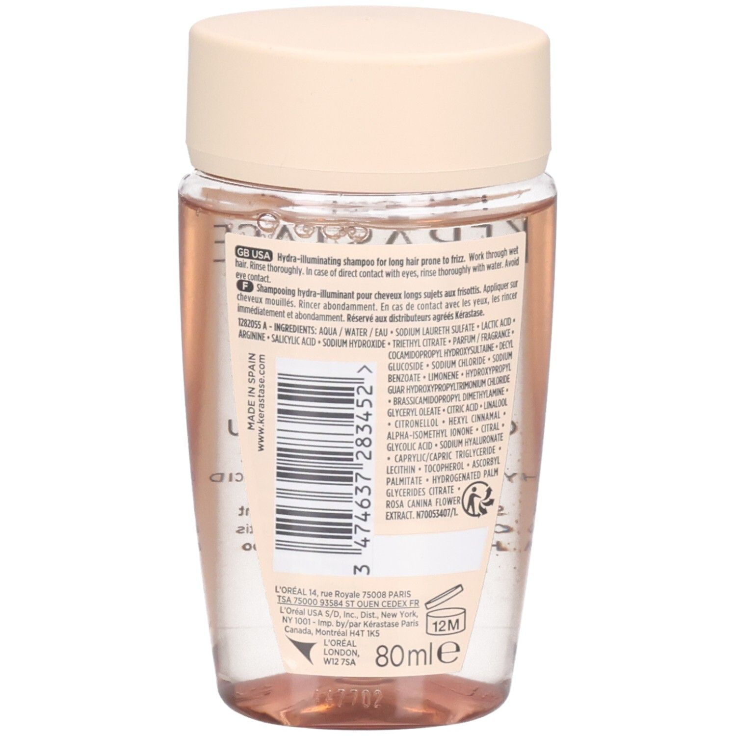 Rückseite der Kérastase Gloss Absolu Bain Hydra-Glaze Flasche mit Barcode und Volumen.