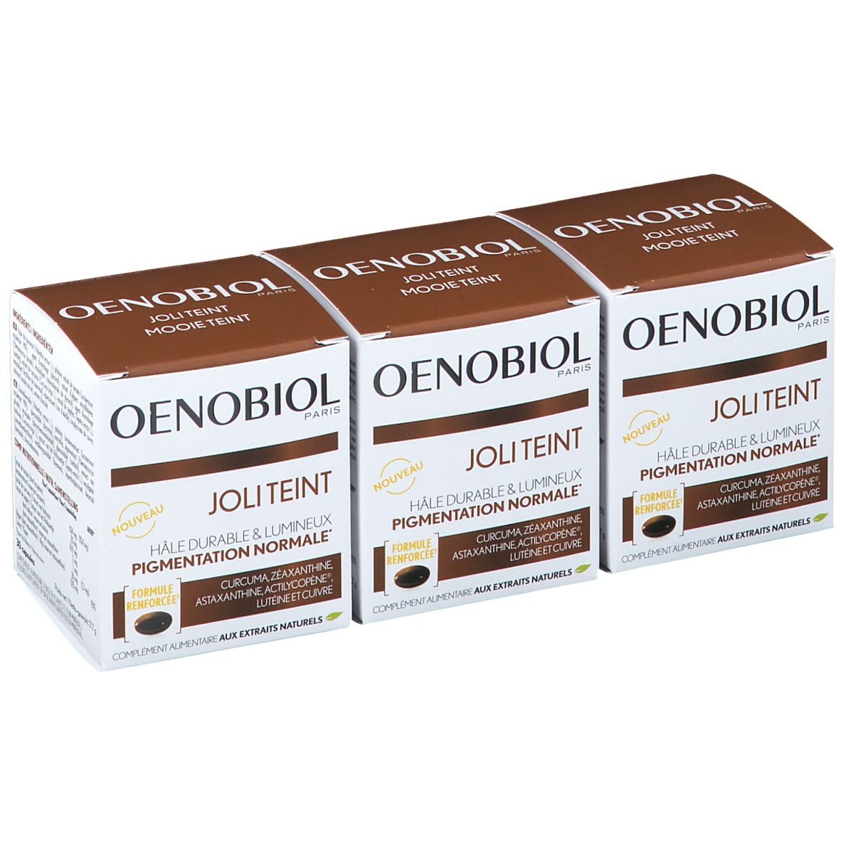 Trois boîtes Oenobiol Joli Teint. Emballage marron et blanc. Texte : Hâle durable & lumineux, Pigmentation normale.