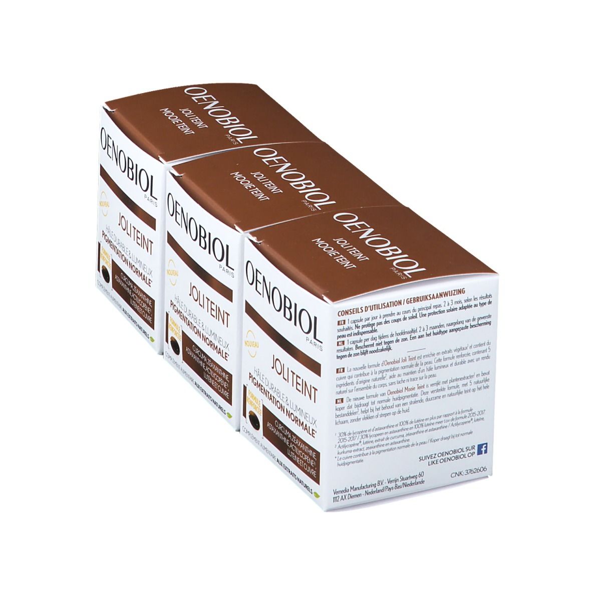 Trois boîtes Oenobiol Joli Teint. Emballage marron et blanc. Texte : Hâle durable & lumineux, Pigmentation normale.