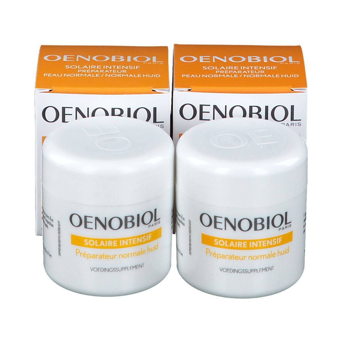 Deux pots blancs et deux boîtes. Oenobiol Solaire Intensif est écrit sur les pots et les boîtes.