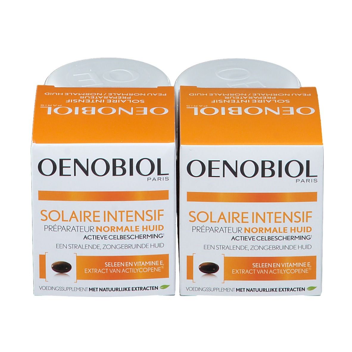 Deux boîtes avec Oenobiol Solaire Intensif. Solaire Intensif est écrit sur les boîtes. Des gélules sont visibles.