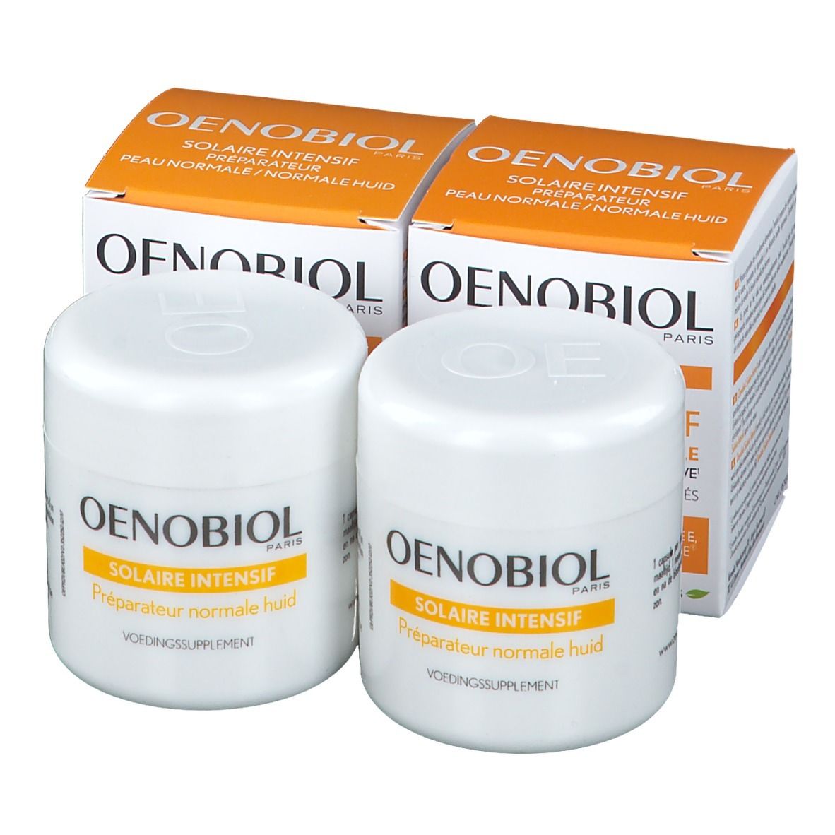 Deux pots blancs et deux boîtes. Oenobiol Solaire Intensif est écrit sur les pots et les boîtes.