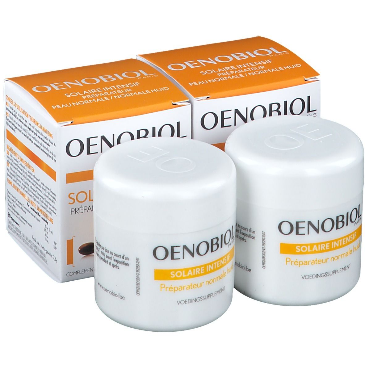 Deux pots blancs et deux boîtes. Oenobiol Solaire Intensif est écrit sur les pots et les boîtes.