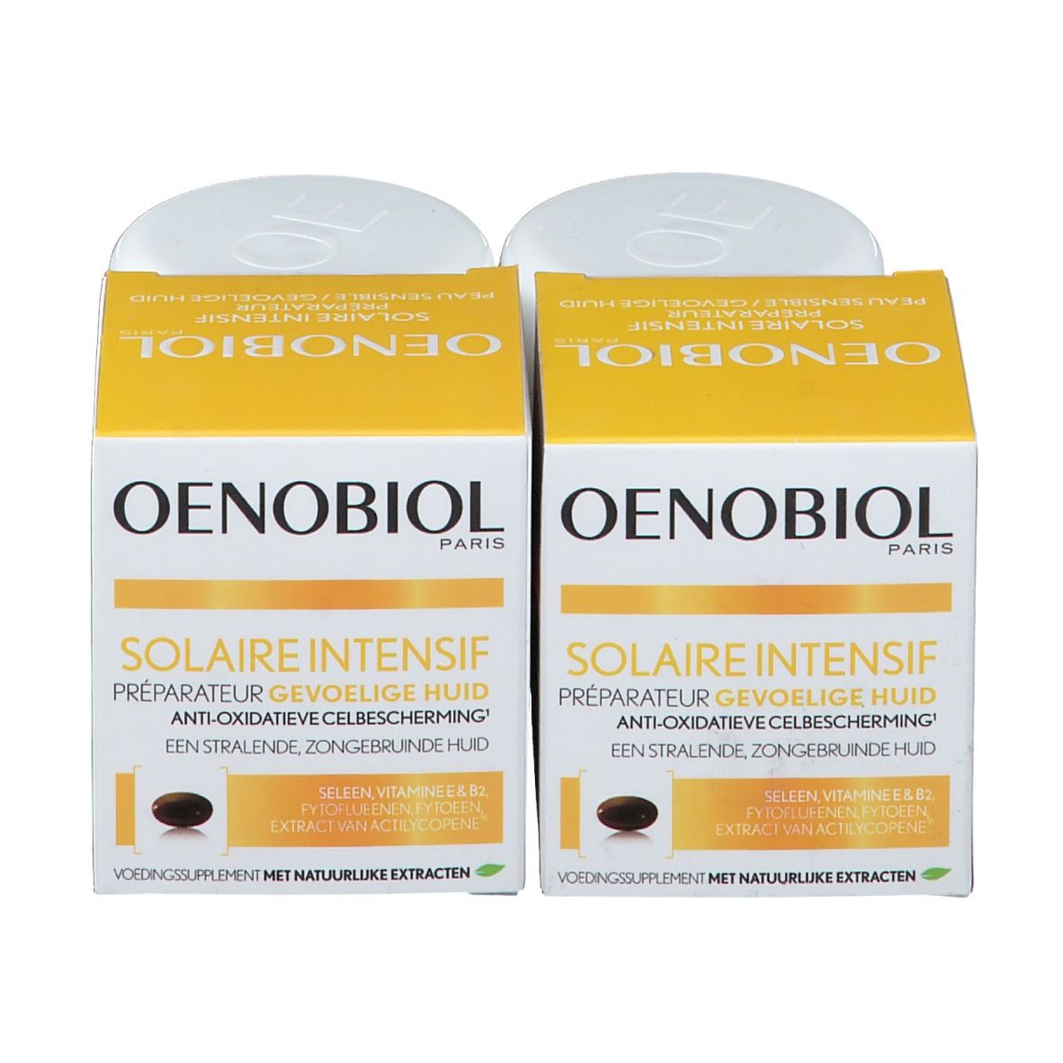 Twee dozen met de naam Oenobiol en twee capsules. Op de dozen staat 'Solaire Intensif'.