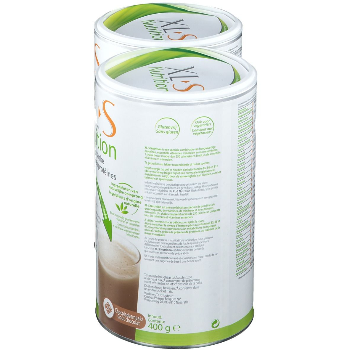 Deux boîtes de XL-S Nutrition Proteinshake. Dos avec informations nutritionnelles et ingrédients. Label sans gluten. 400g.
