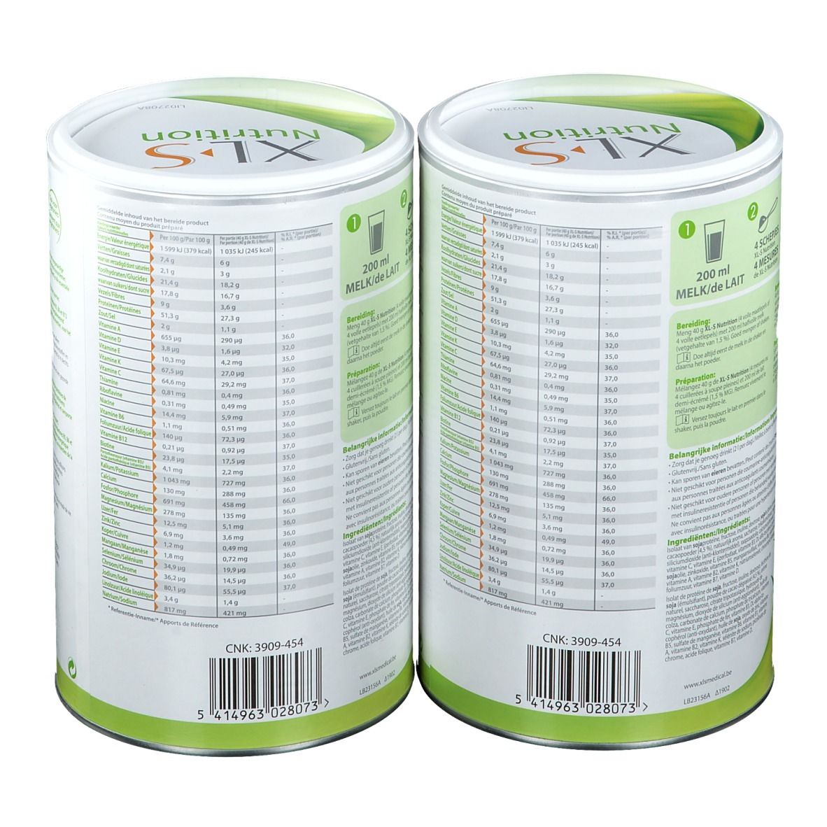 Deux boîtes de XL-S Nutrition Proteinshake. Dos avec informations nutritionnelles. Code-barres et numéro CNK.