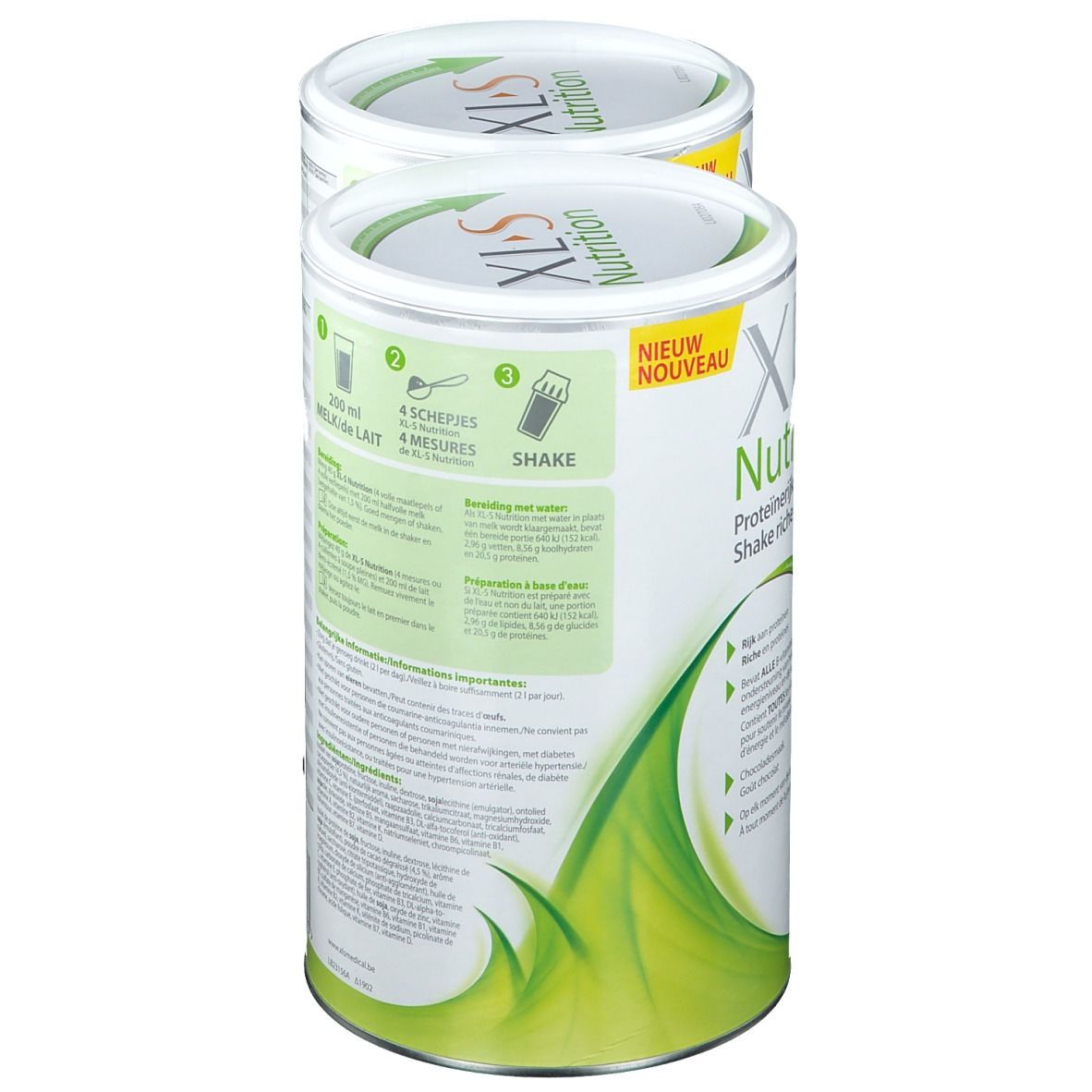Deux boîtes de XL-S Nutrition Proteinshake. Dos avec instructions de préparation. 200 ml de lait/eau. 4 cuillères.