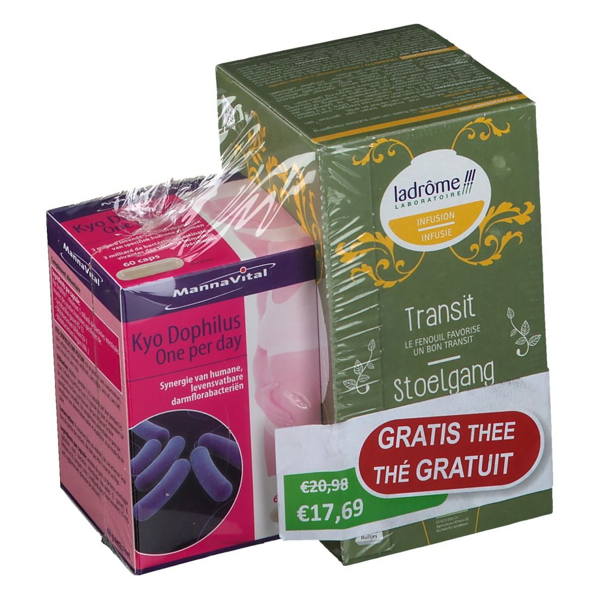 Deux produits emballés. À gauche : Kyo Dophilus, boîte rose. À droite : Thé Ladrome, boîte verte. Étiquette Thé gratuit.