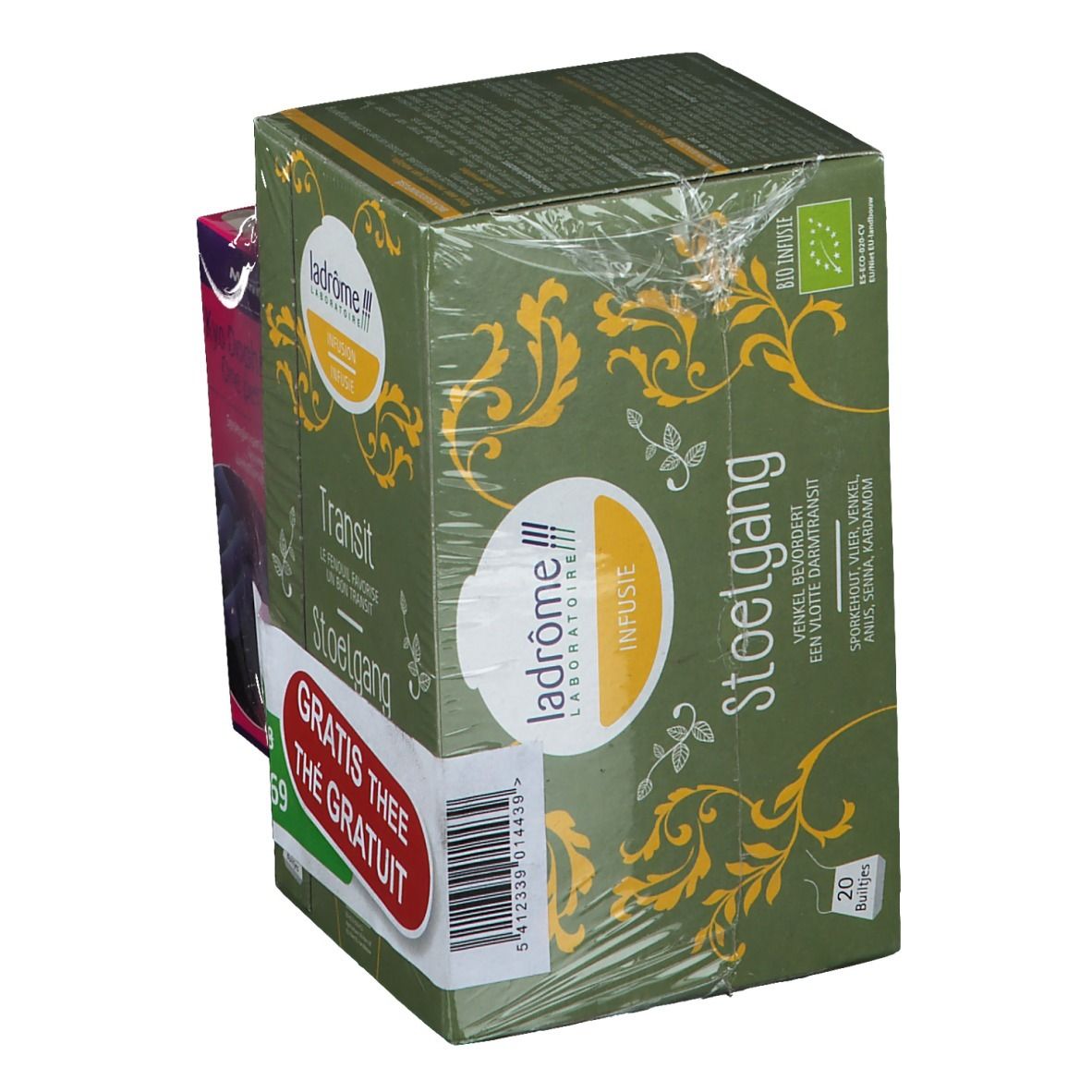 Deux produits emballés. À gauche : Kyo Dophilus, boîte rose. À droite : Thé Ladrome, boîte verte. Étiquette Thé gratuit.