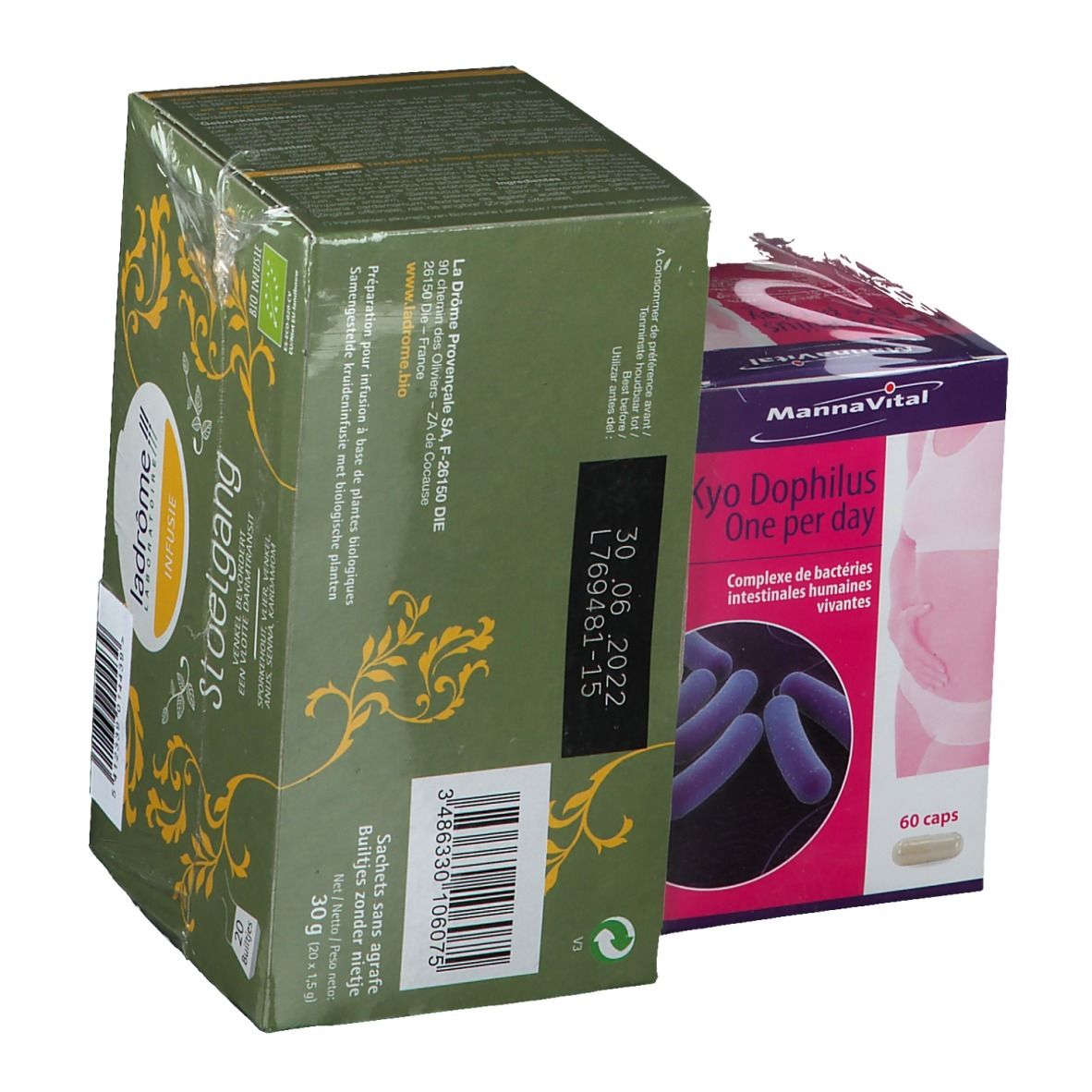 Deux produits emballés. À gauche : Kyo Dophilus, boîte rose. À droite : Thé Ladrome, boîte verte. Étiquette Thé gratuit.