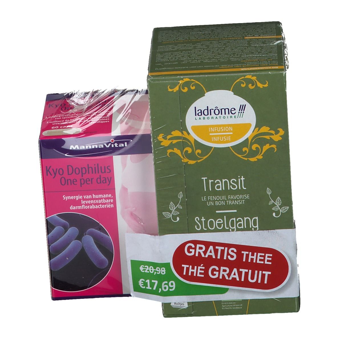 Deux produits emballés. À gauche : Kyo Dophilus, boîte rose. À droite : Thé Ladrome, boîte verte. Étiquette Thé gratuit.