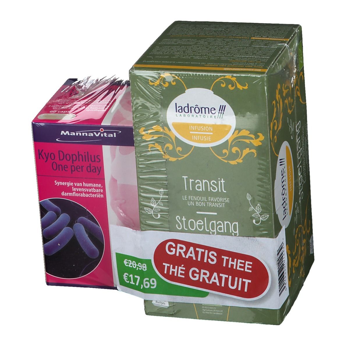 Deux produits emballés. À gauche : Kyo Dophilus, boîte rose. À droite : Thé Ladrome, boîte verte. Étiquette Thé gratuit.