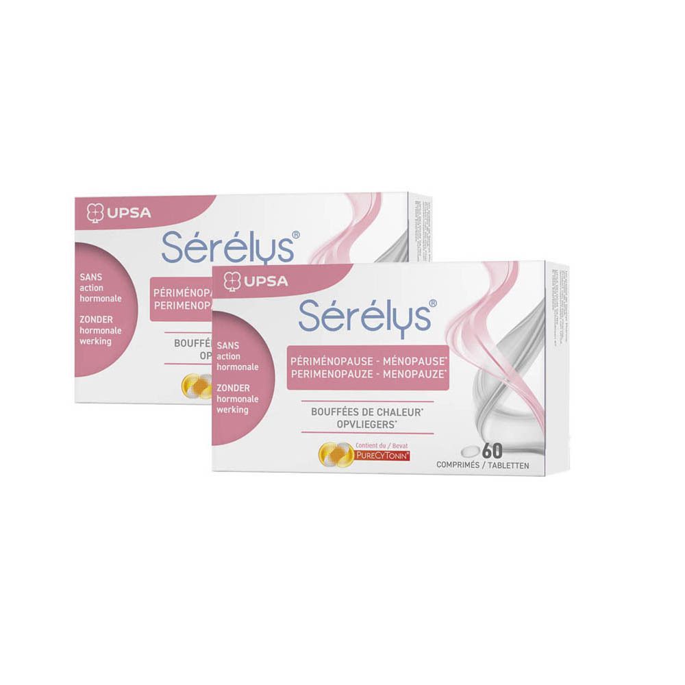 Twee dozen Sérélys. Opschrift: Perimenopauze, Menopauze. 60 tabletten. Merk UPSA.