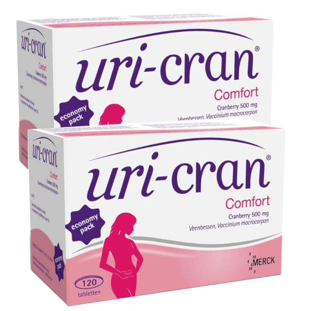 Twee witte dozen met de productnaam « uri-cran Comfort ». Opschriften: « Cranberry 500 mg », « economy pack » en een afbeelding van een vrouw.