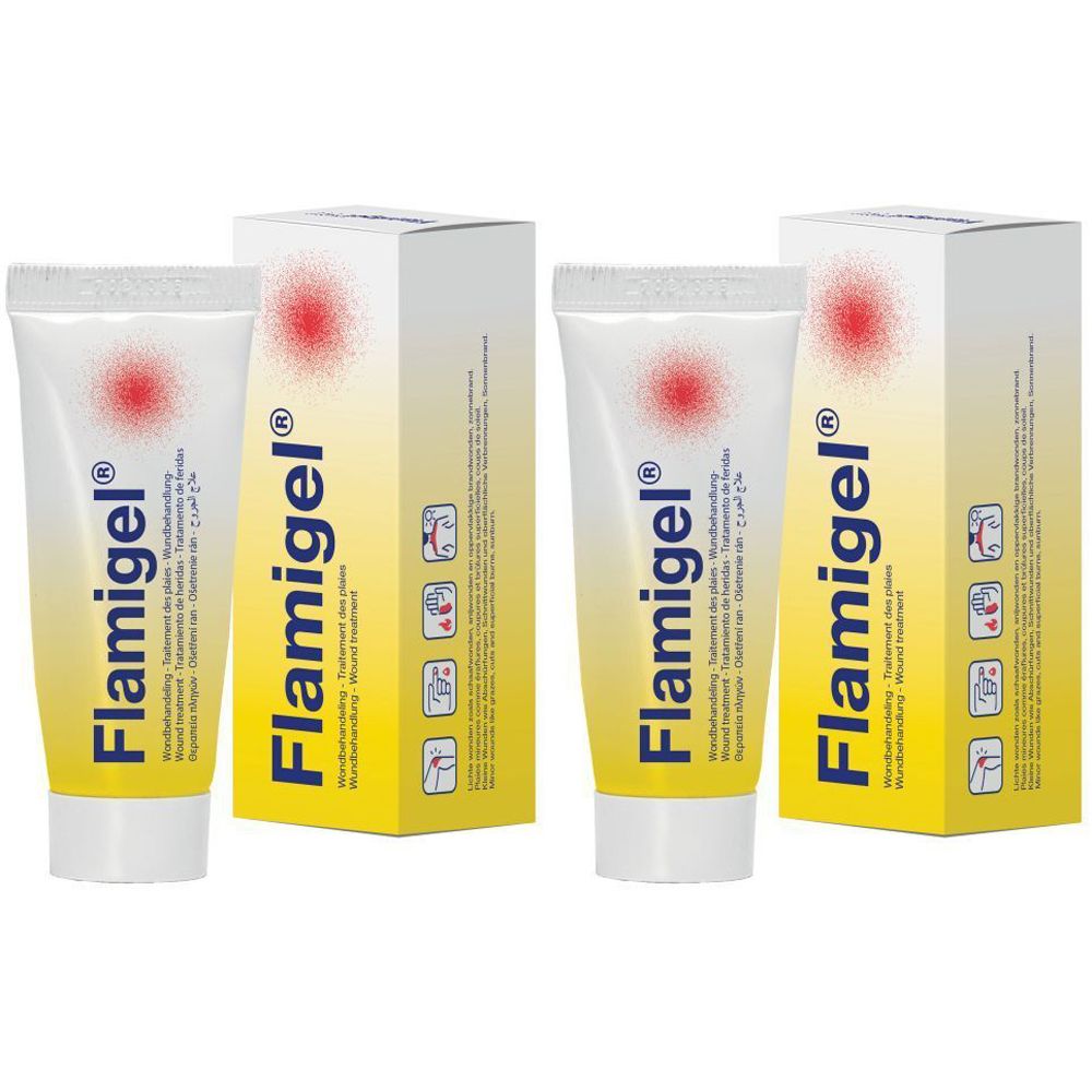Twee tubes en twee dozen. Op de tubes en dozen staat "Flamigel". De dozen zijn wit en geel met een rode stip.