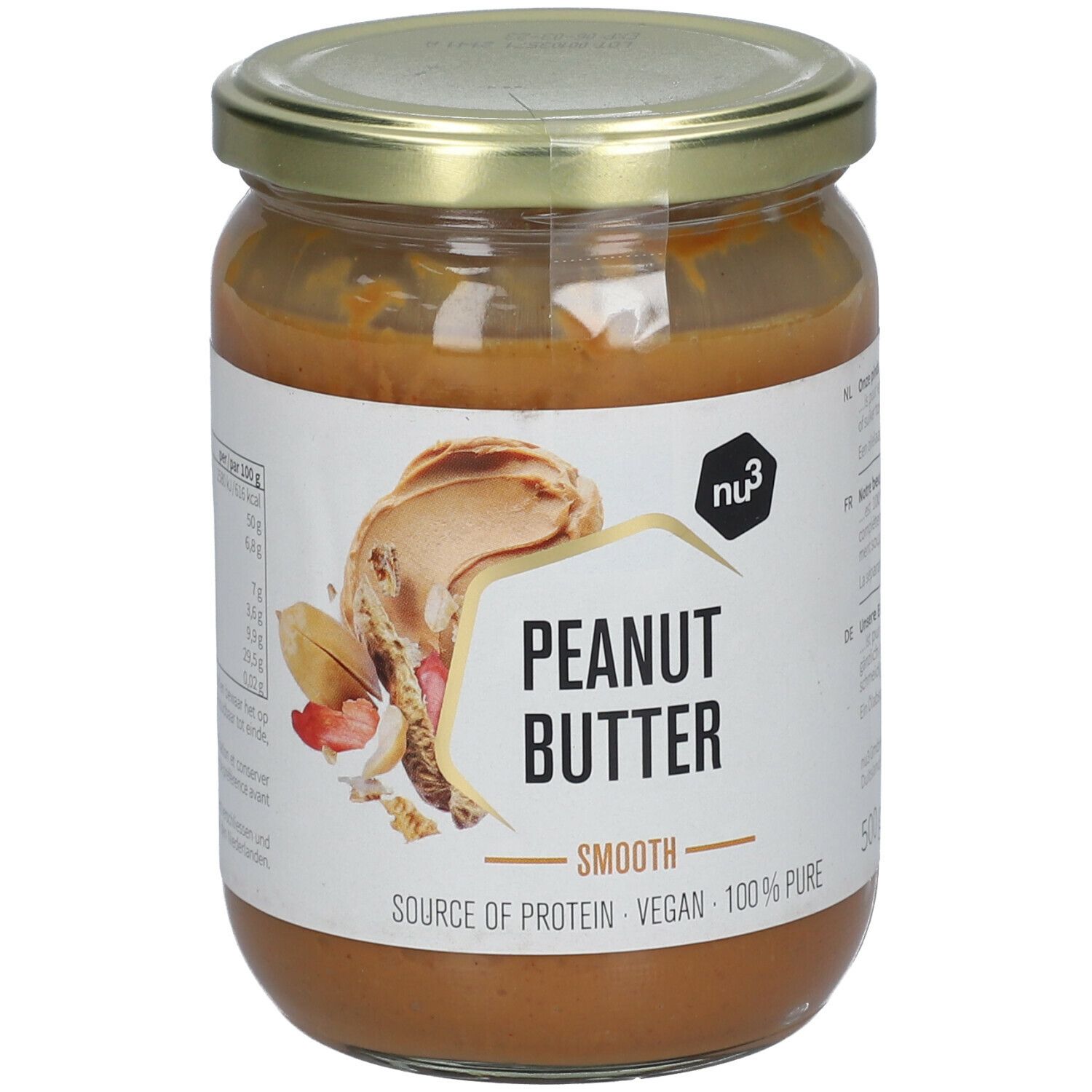 Pot pindakaas. Op het etiket staat "PEANUT BUTTER SMOOTH". De pot heeft een gouden deksel en bevat 500g.