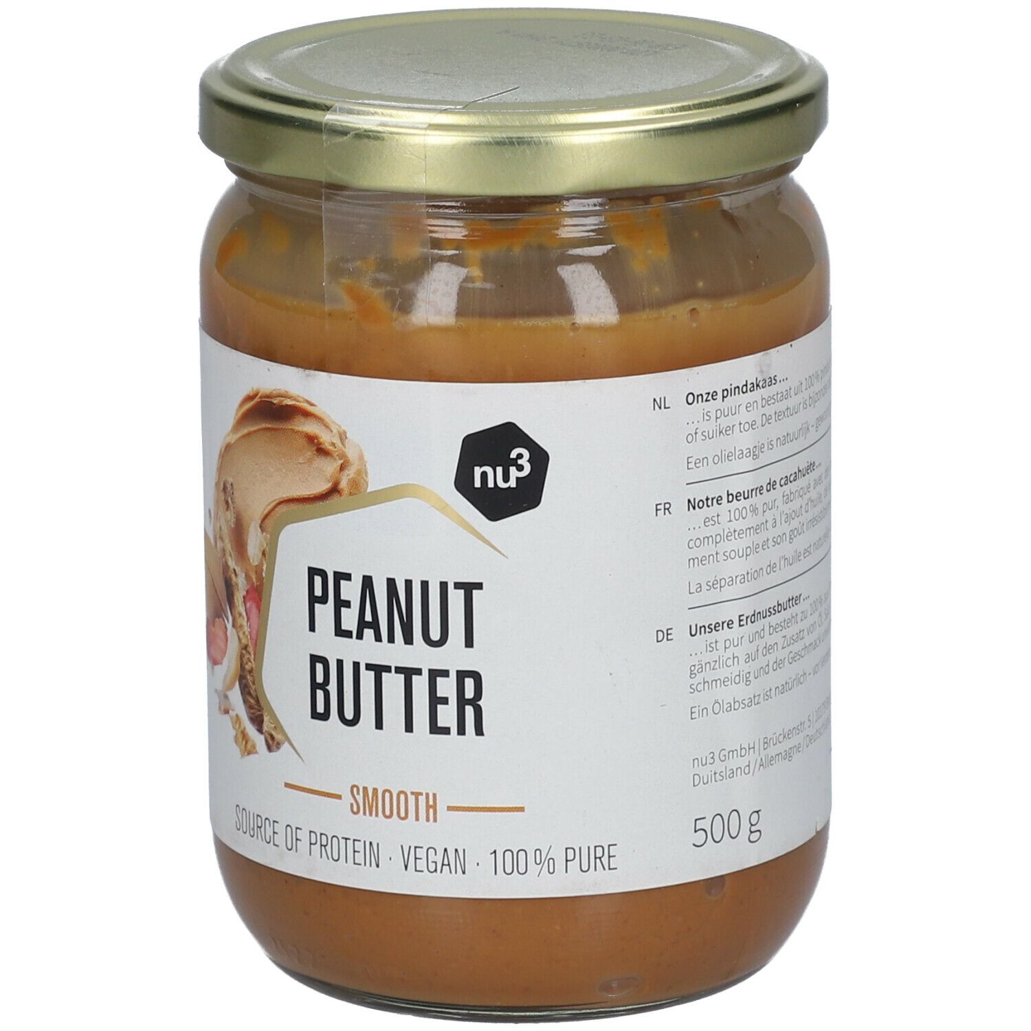 Pot pindakaas. Op het etiket staat "PEANUT BUTTER SMOOTH". De pot heeft een gouden deksel en bevat 500g.