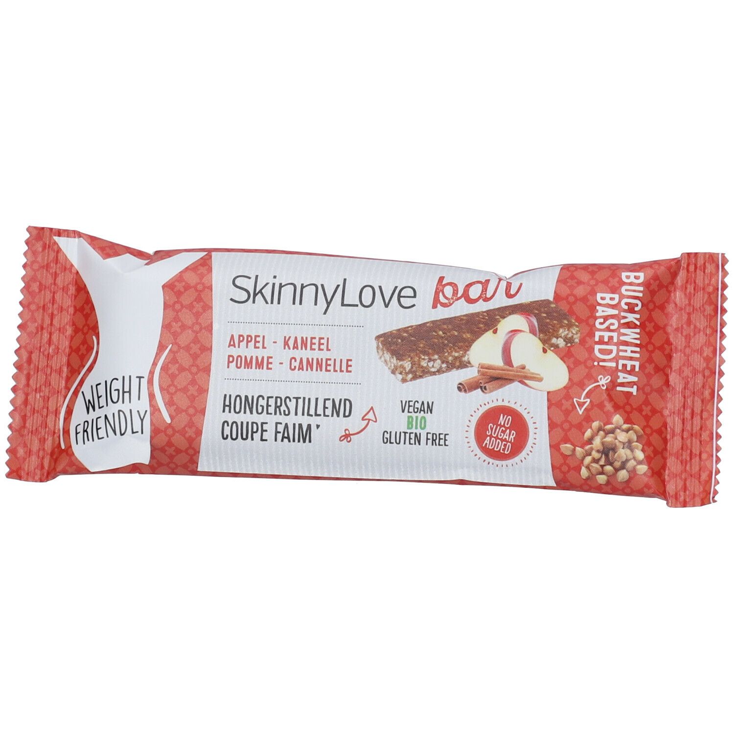 Barre SkinnyLove Apfel-Zimt dans un emballage rouge. Inscriptions : "SkinnyLove bar", "Appel-Kaneel", "Vegan", "Sans gluten".