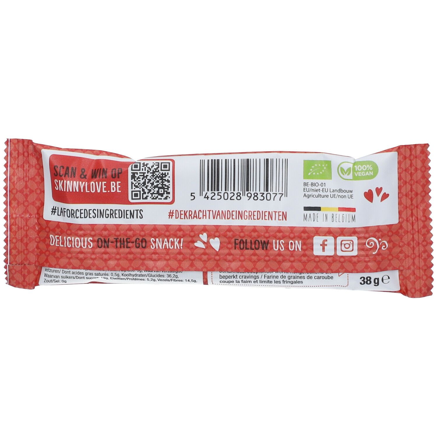 Dos de l'emballage de la barre SkinnyLove. Contient un code QR, du texte et des logos. Poids : 38g. Fabriqué en Belgique. Label vegan.