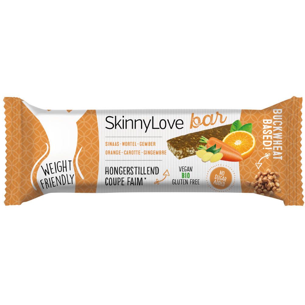 Barre SkinnyLove. Emballage avec illustration du produit, ingrédients et logo. Orange, gingembre, carotte. "Weight Friendly".